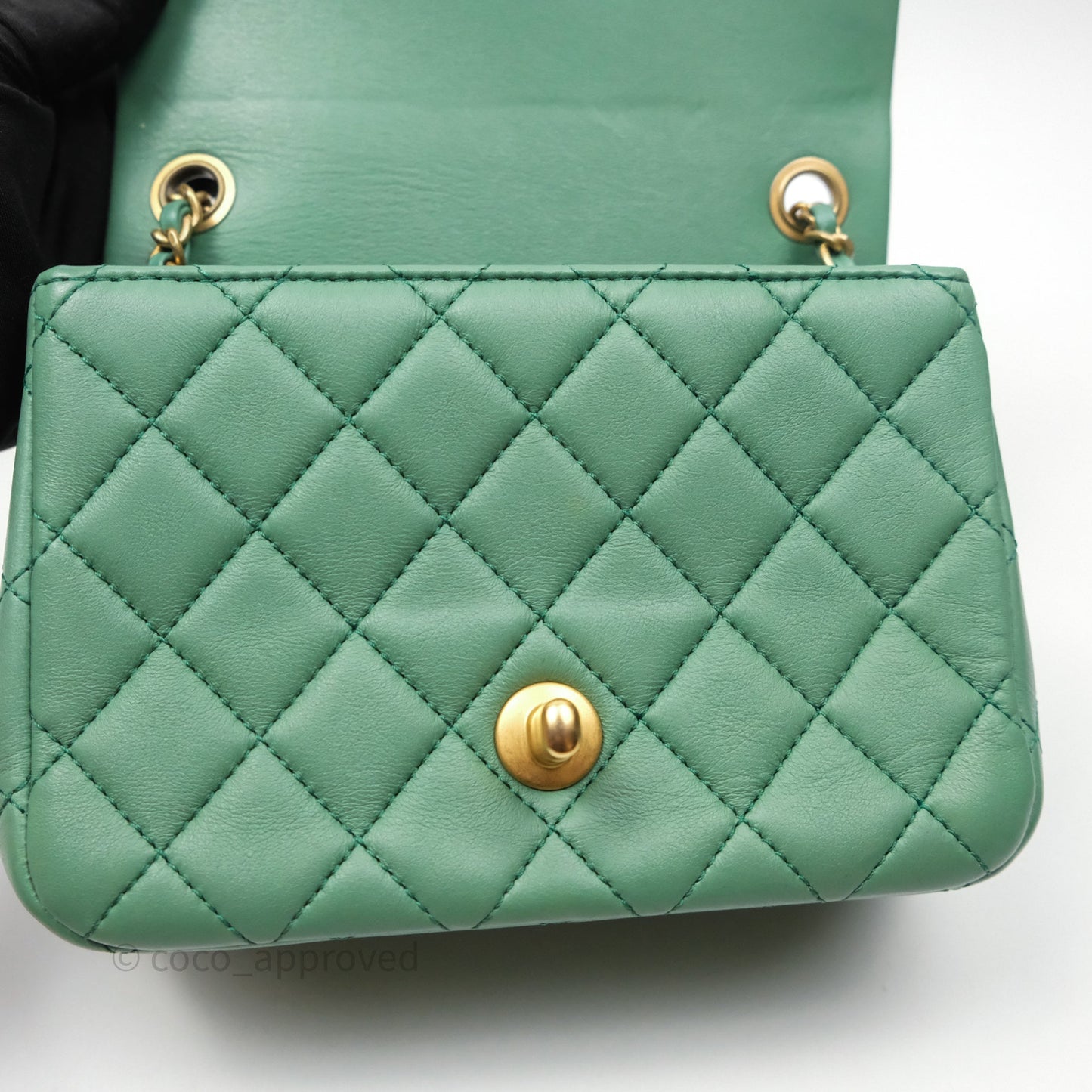 Chanel Pearl Crush Mini Square Quilted Green Lambskin Aged Gold Hardware