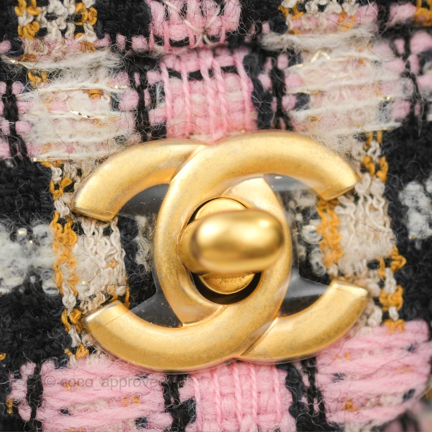 Chanel Pearl Crush Mini Square Quilted Pink Tweed Aged Gold Hardware