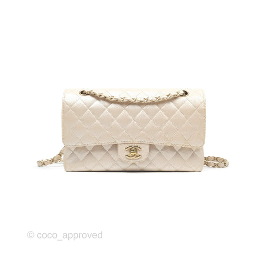 Chanel Classic M/L Medium Double Flap Iridescent Pearly Caviar Aged Gold Hardware⁣⁣