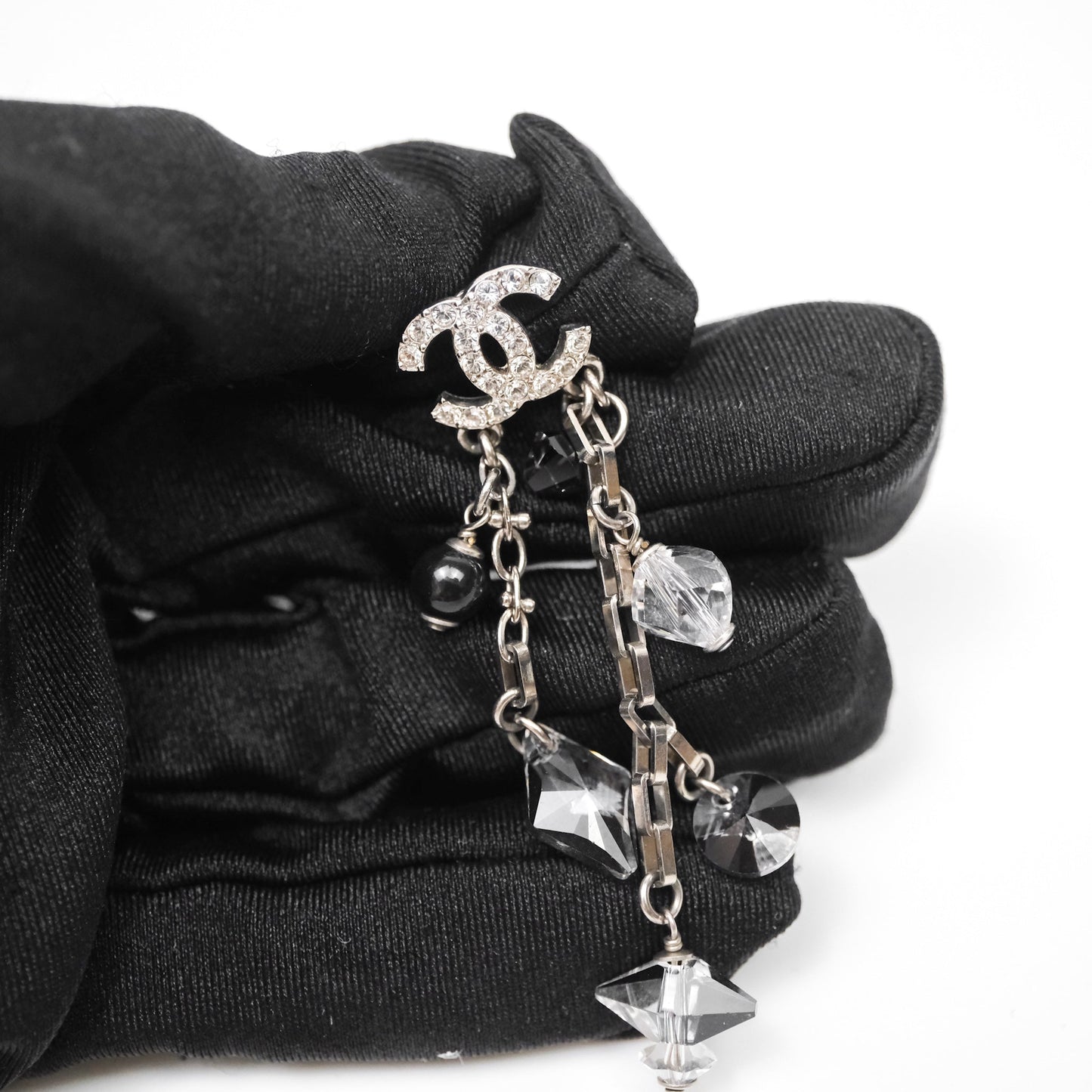 Chanel CC Black Resin Crystals Drop Earrings Silver Tone 19B