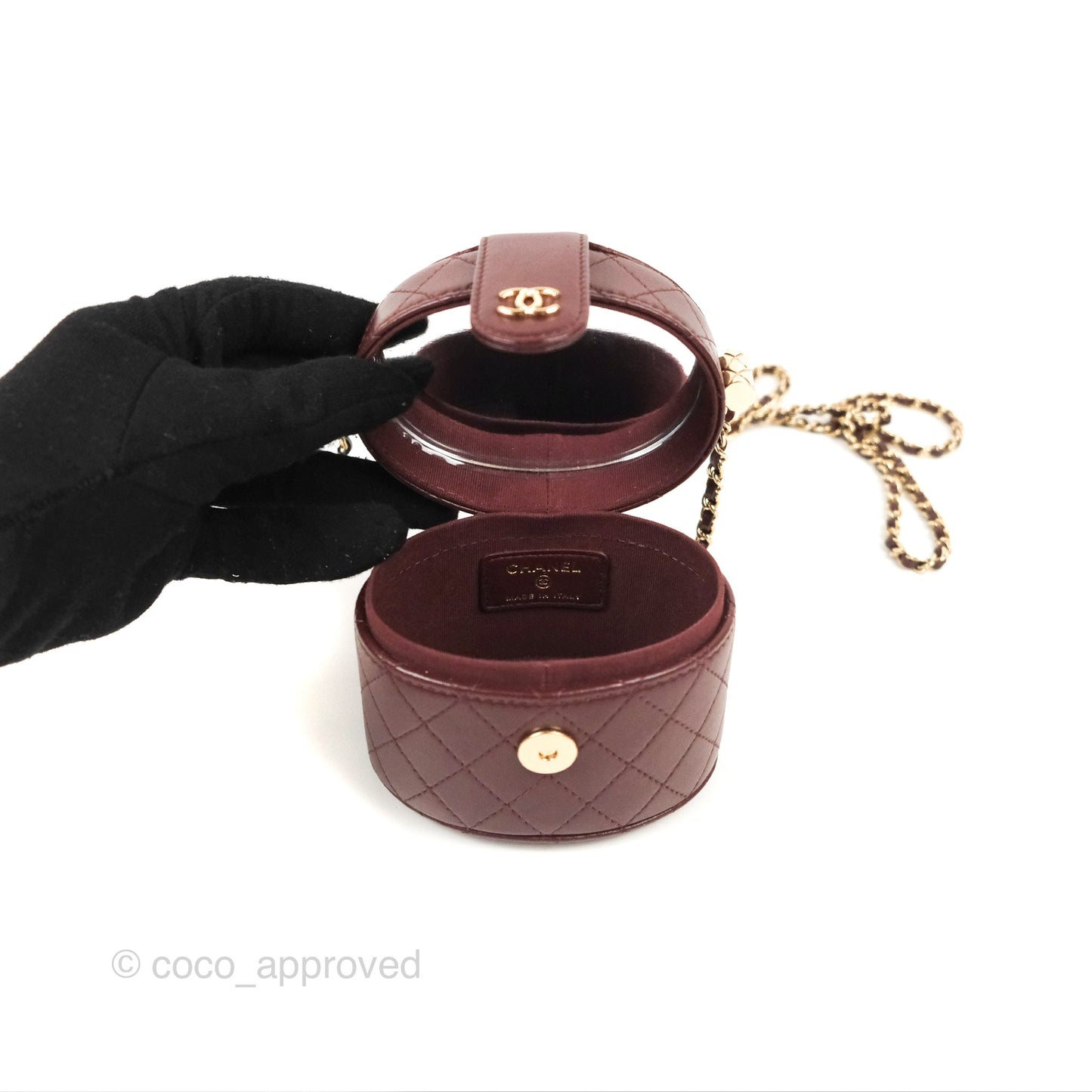 Chanel Quilted Round Vanity Clutch With Chain Burgundy Lambskin Gold Hardware