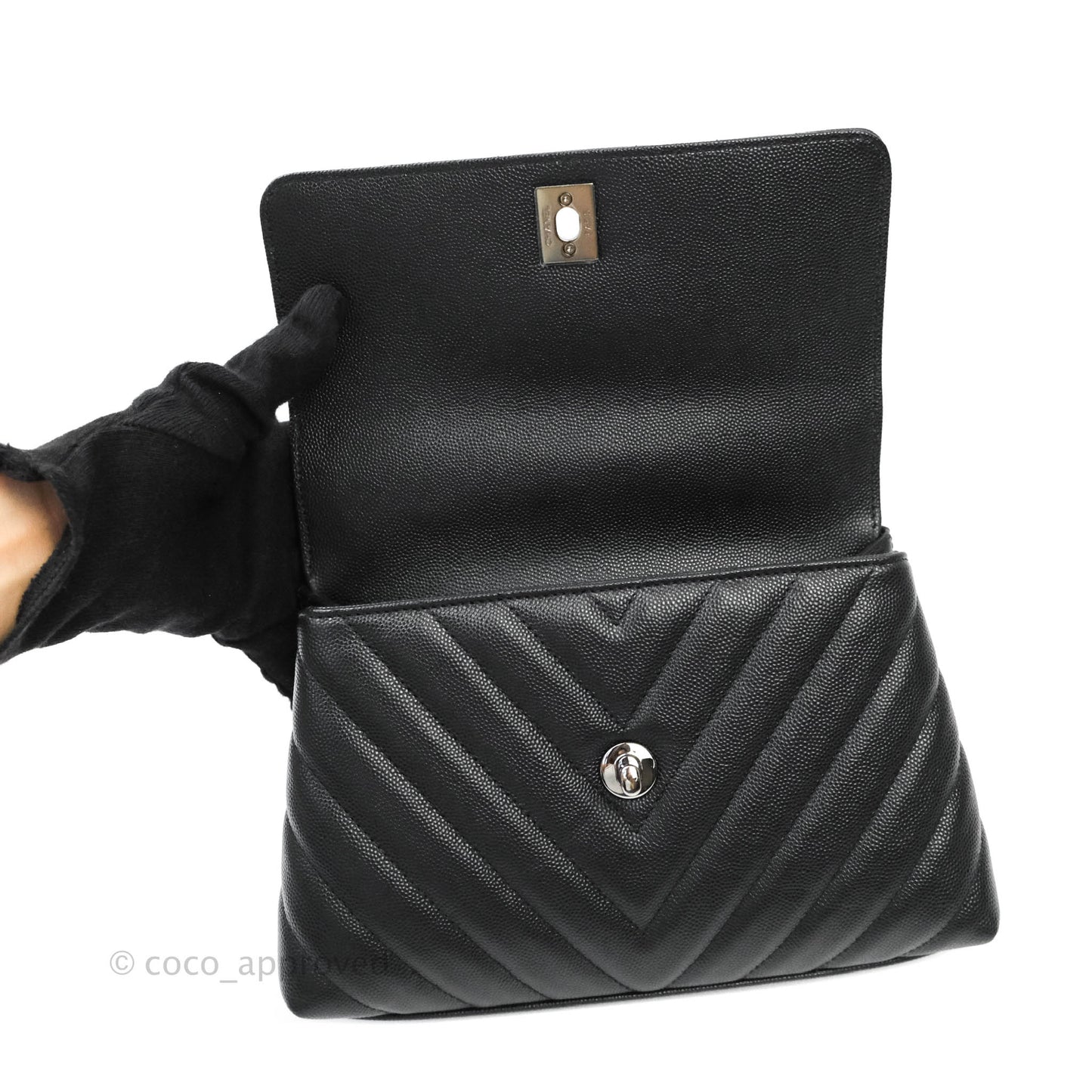 Chanel Mini (Small) Coco Handle Chevron Black Caviar Gun Metal Hardware
