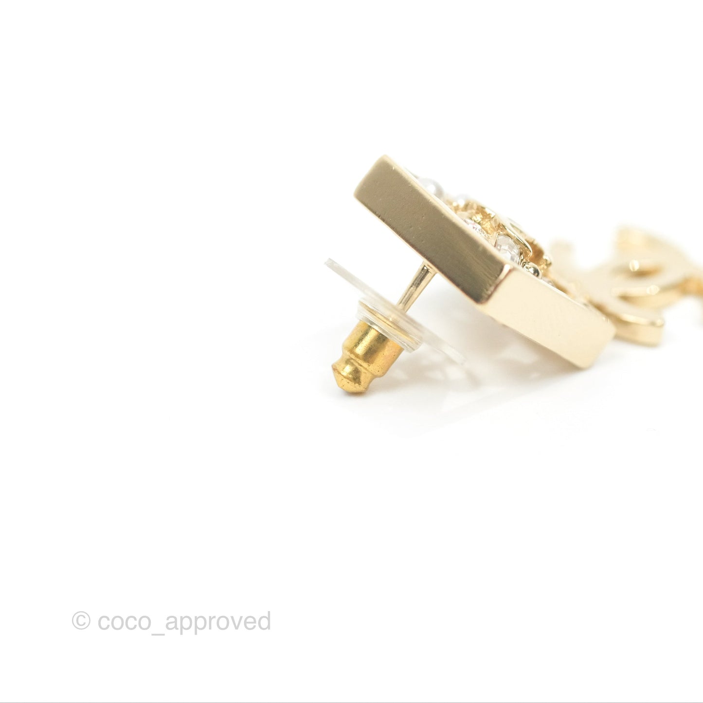 Chanel Square Crystal Pearl CC Drop Earrings Gold Tone 22C