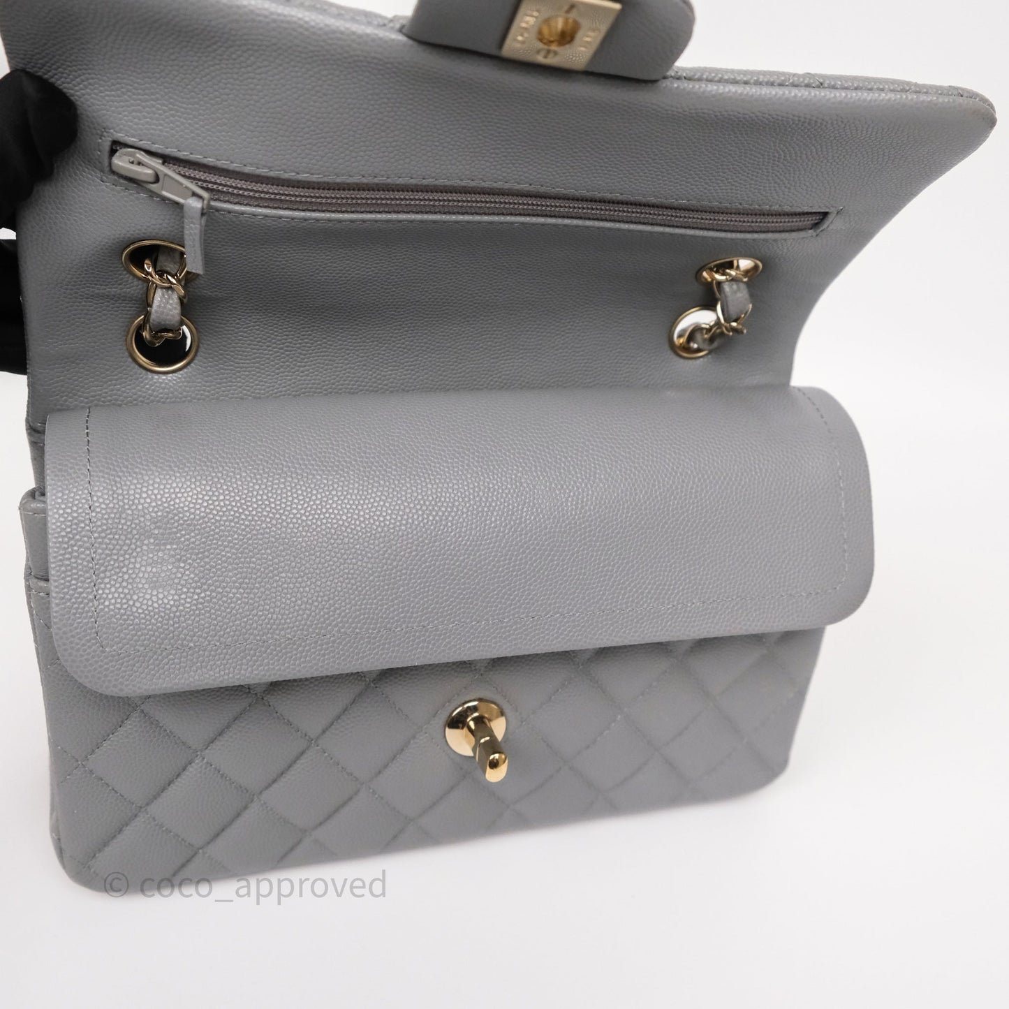 Chanel Small Classic Flap Quilted Grey Caviar Gold Hardware