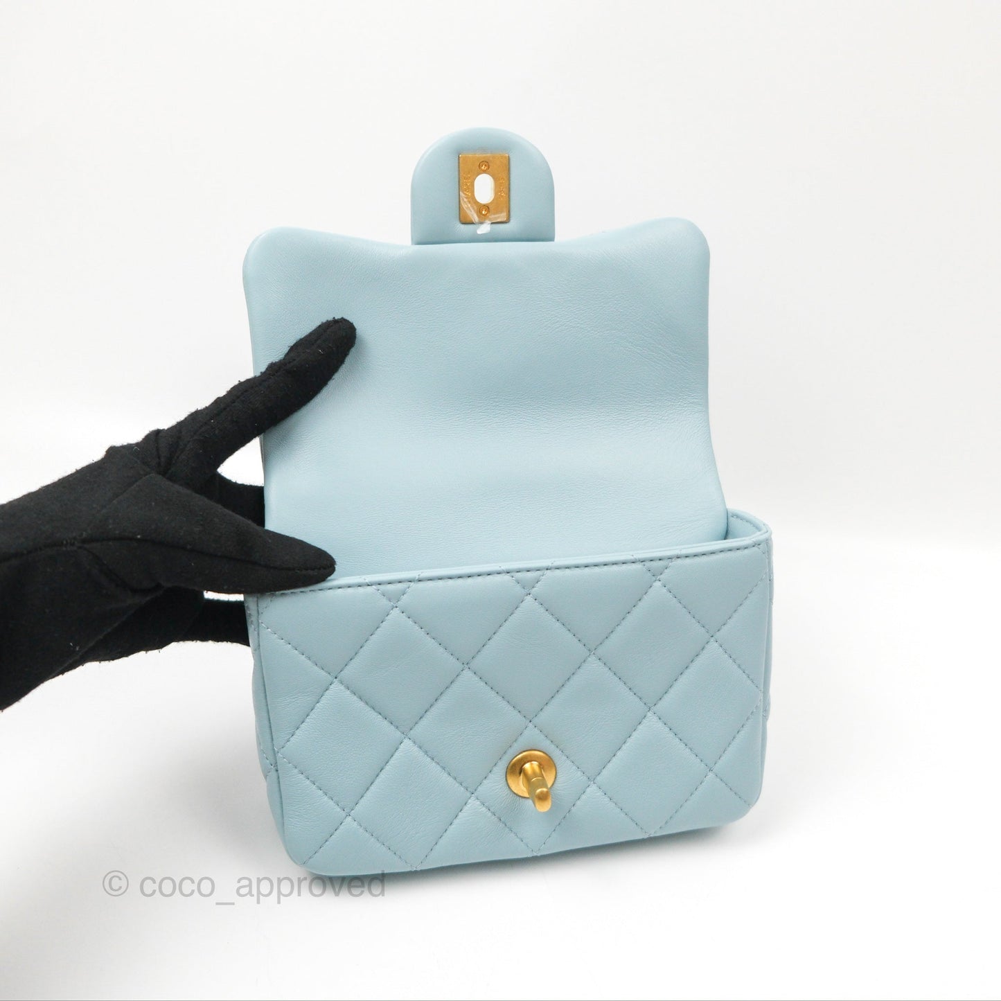 Chanel Quilted Enamel Pending CC Mini Square Flap Baby Blue Lambskin 22P