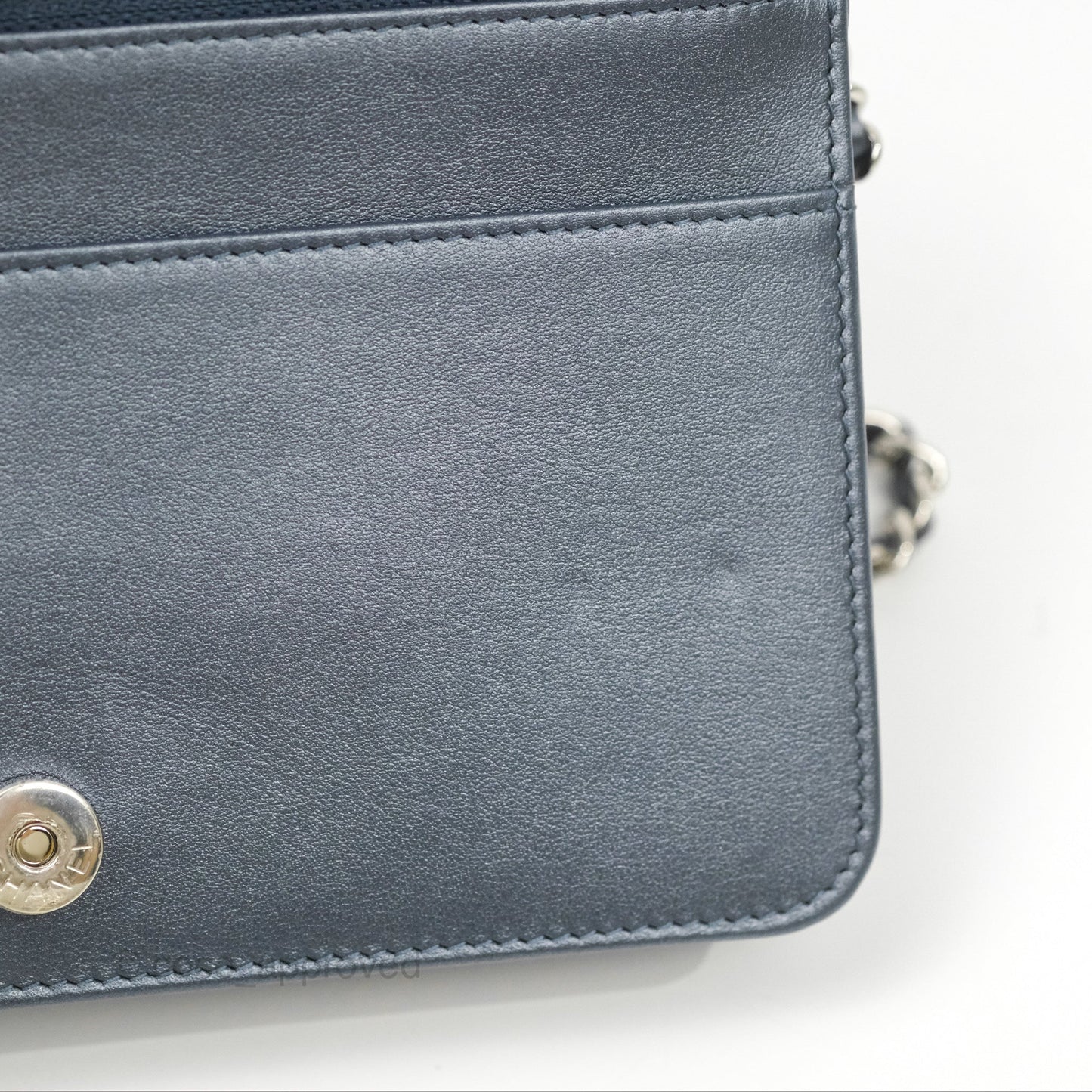 Chanel Camellia Wallet on Chain WOC Iridescent Navy Calfskin Silver Hardware