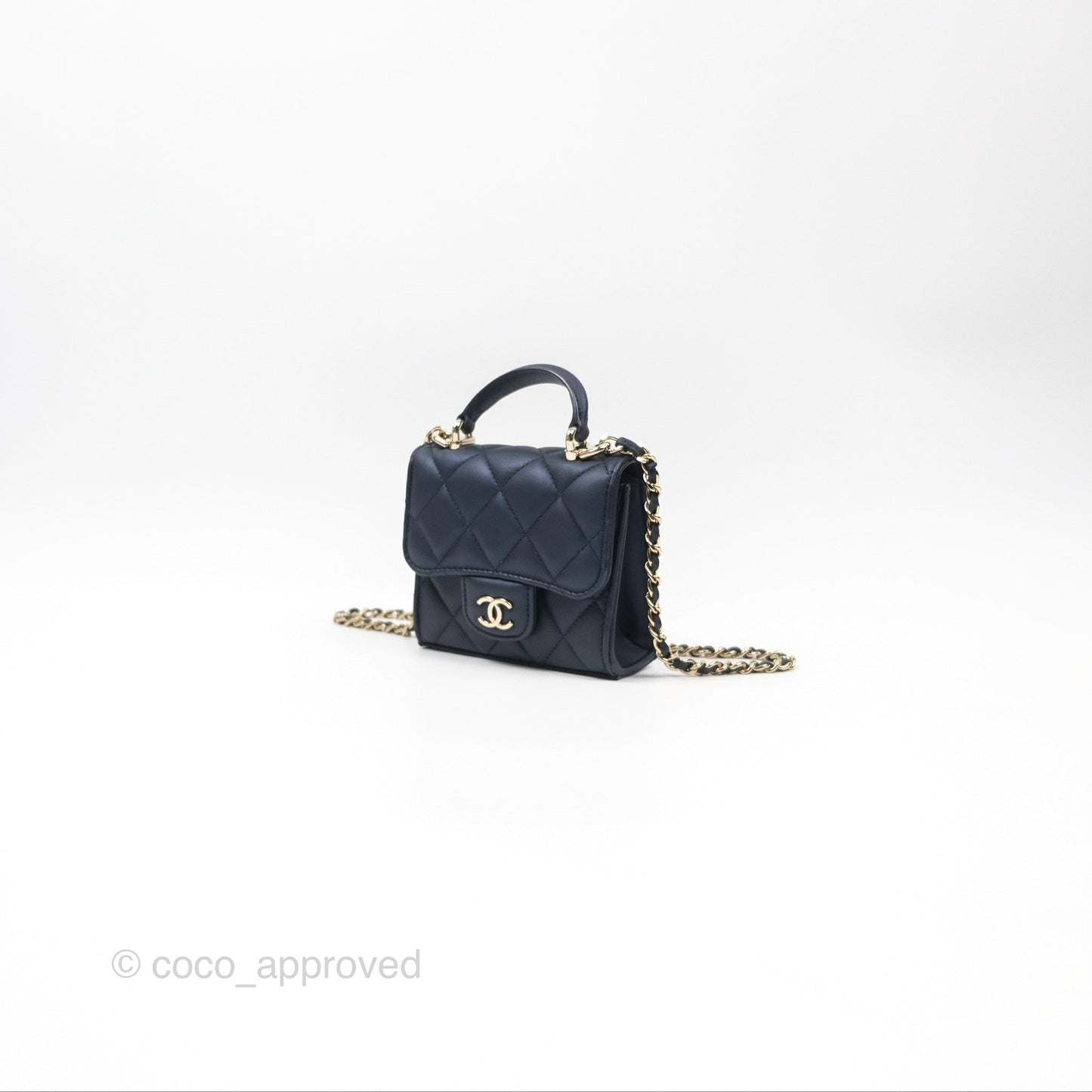 Chanel Mini Handle Clutch With Chain Iridescent Dark Navy Lambskin Gold Hardware