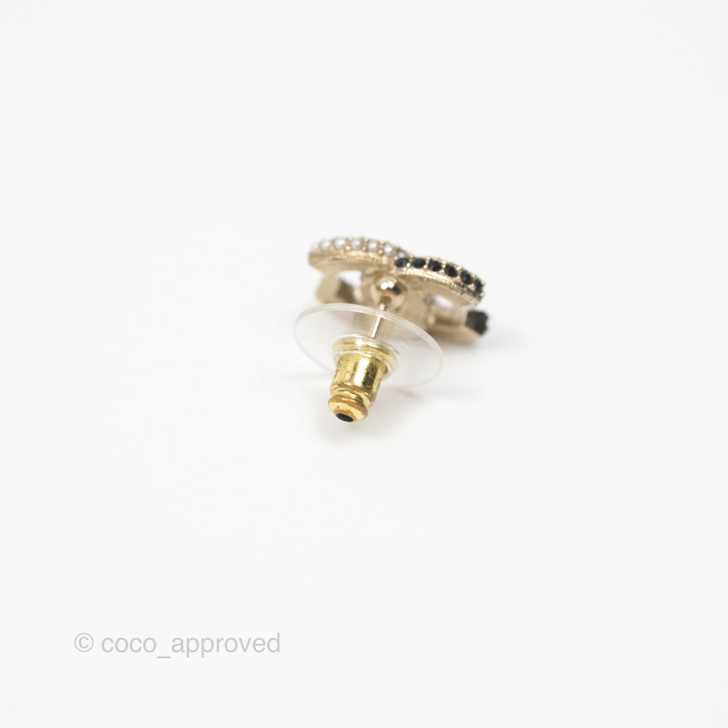 Chanel Pearl Black Crystal CC Earrings Gold Tone 22B