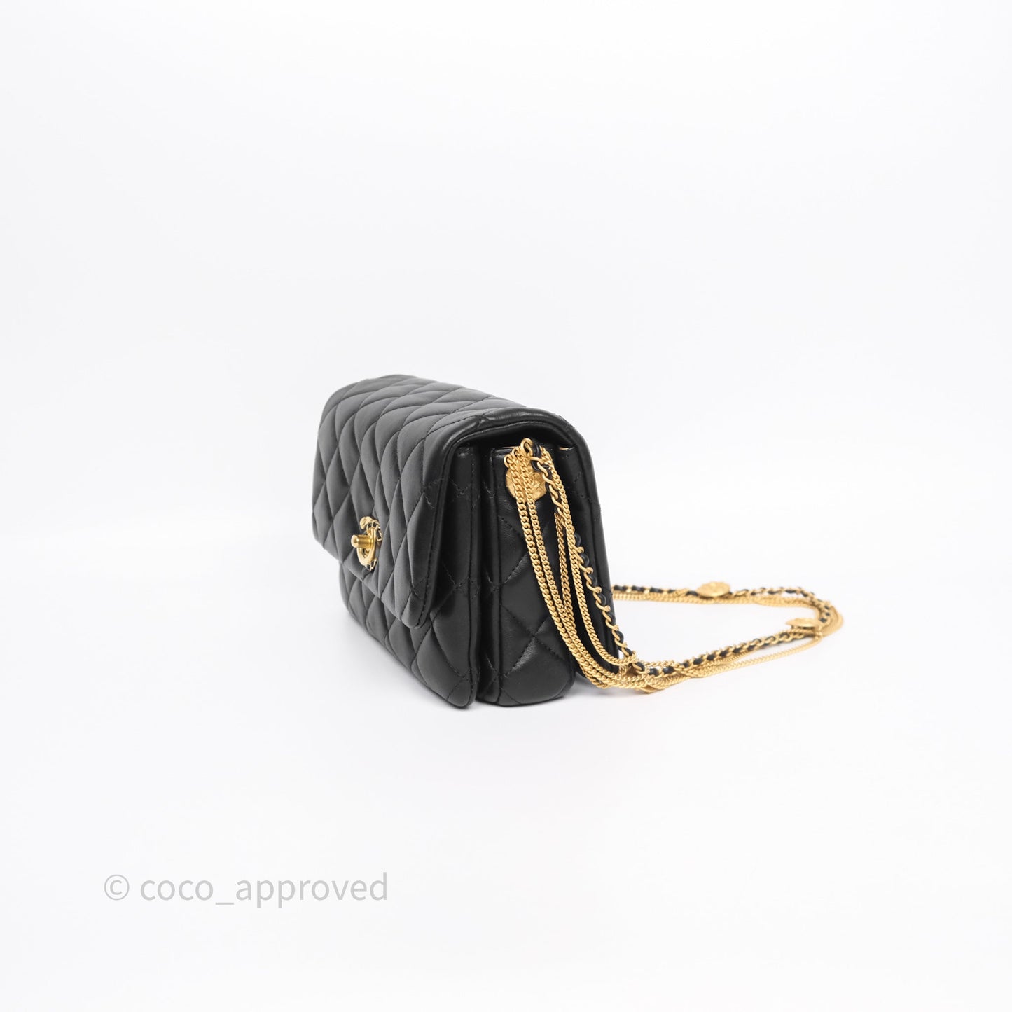 Chanel Quilted Accordion Flap Bag with Button on Chain Black Lambskin Aged Gold Hardware 22A