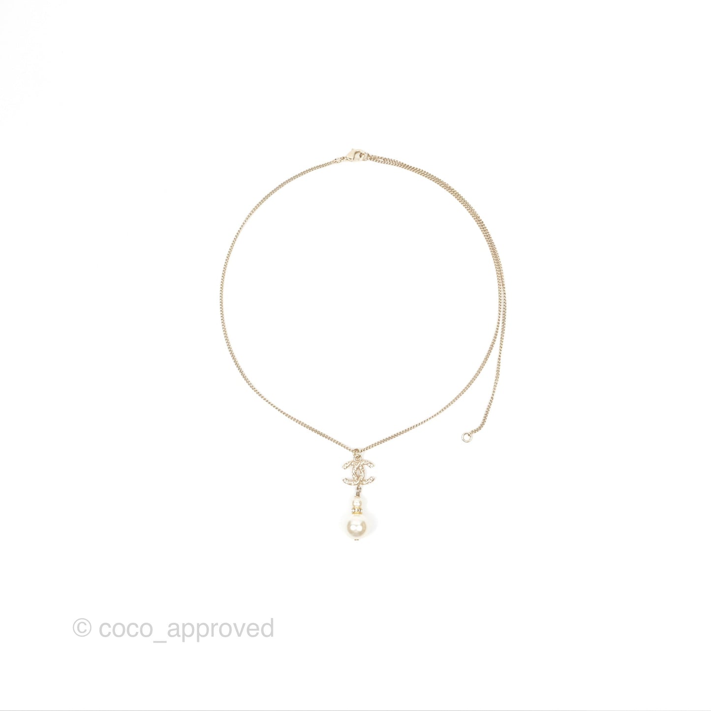 Chanel Crystal Pearl CC Drop Necklace Gold Tone 18B