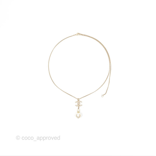 Chanel Crystal Pearl CC Drop Necklace Gold Tone 18B