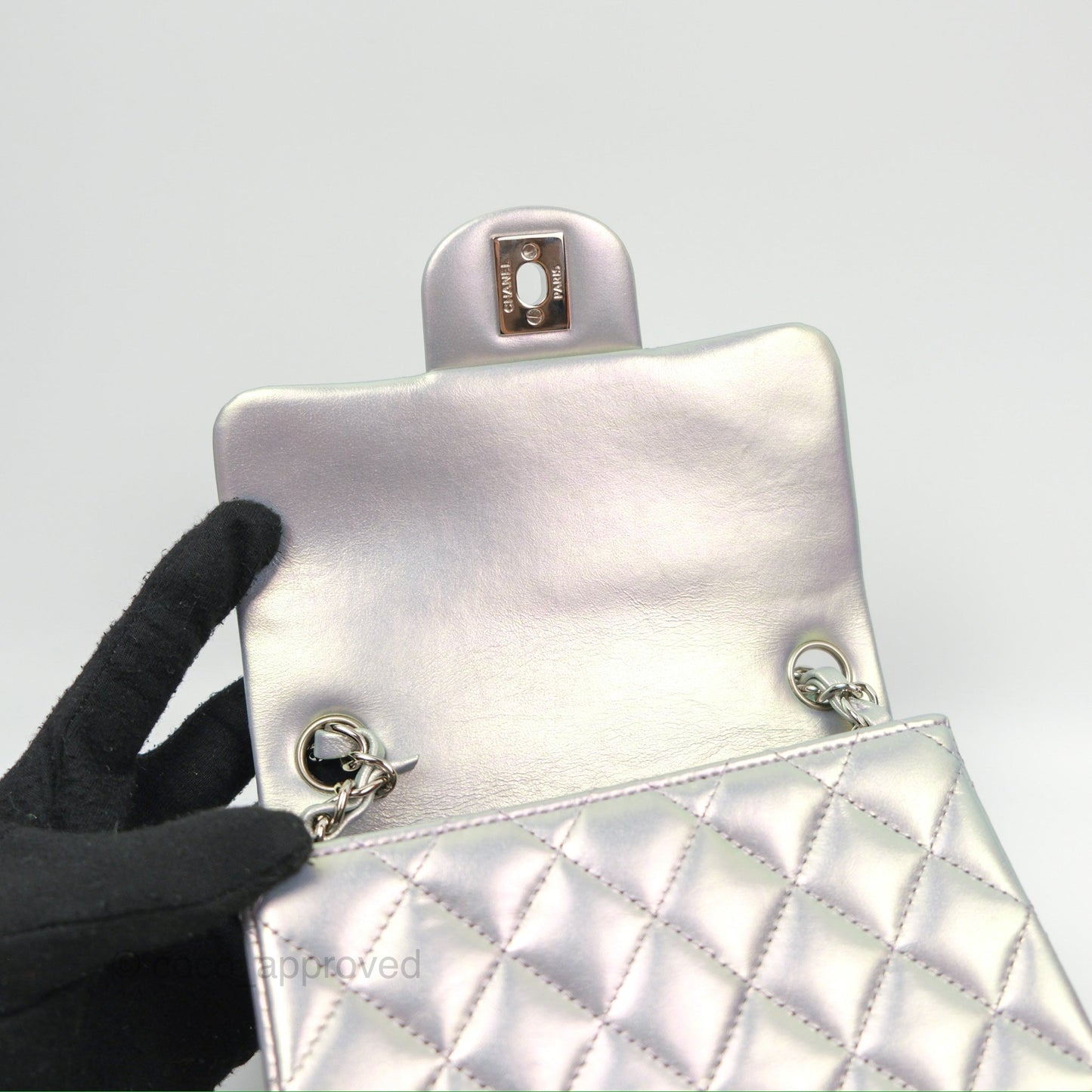 Chanel Mini Square Quilted Iridescent Lilac Silver Hardware 21K