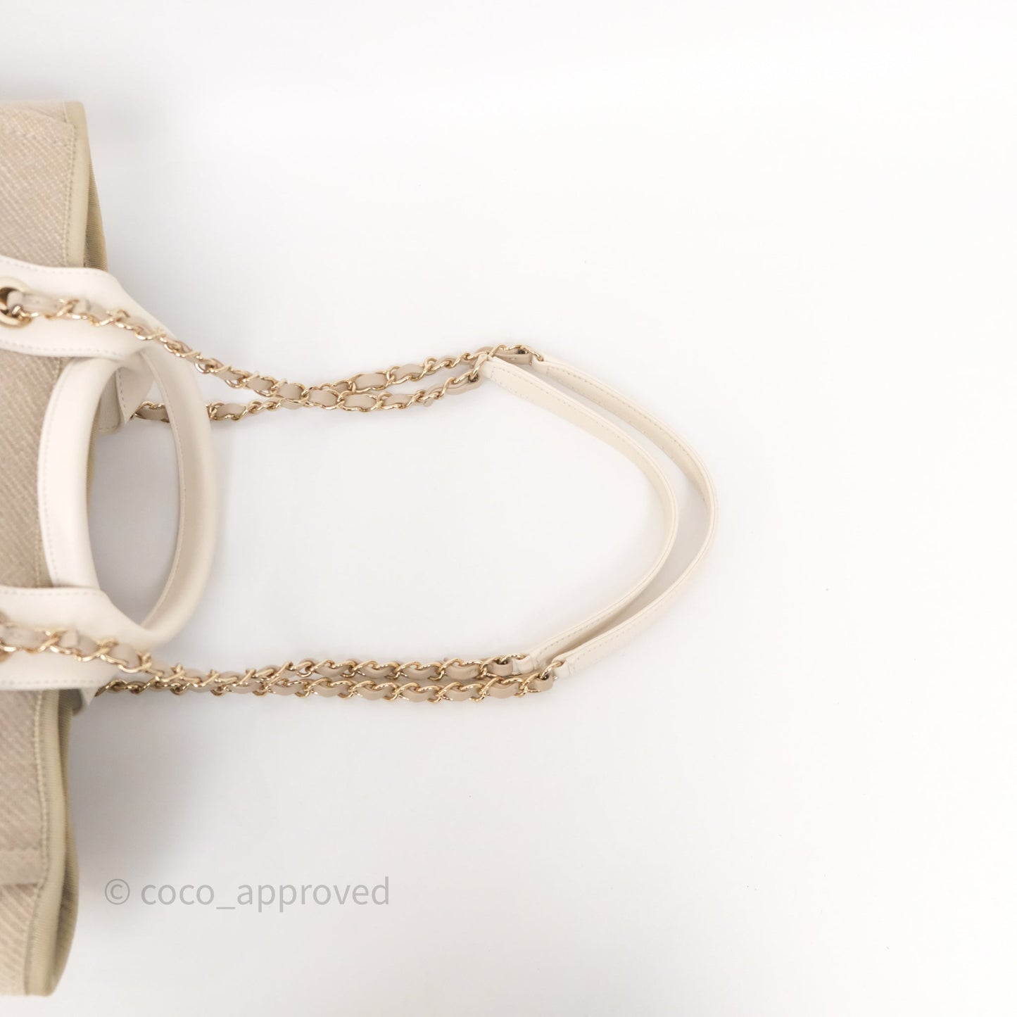 Chanel New Small Deauville Tote Beige Canvas Gold Hardware