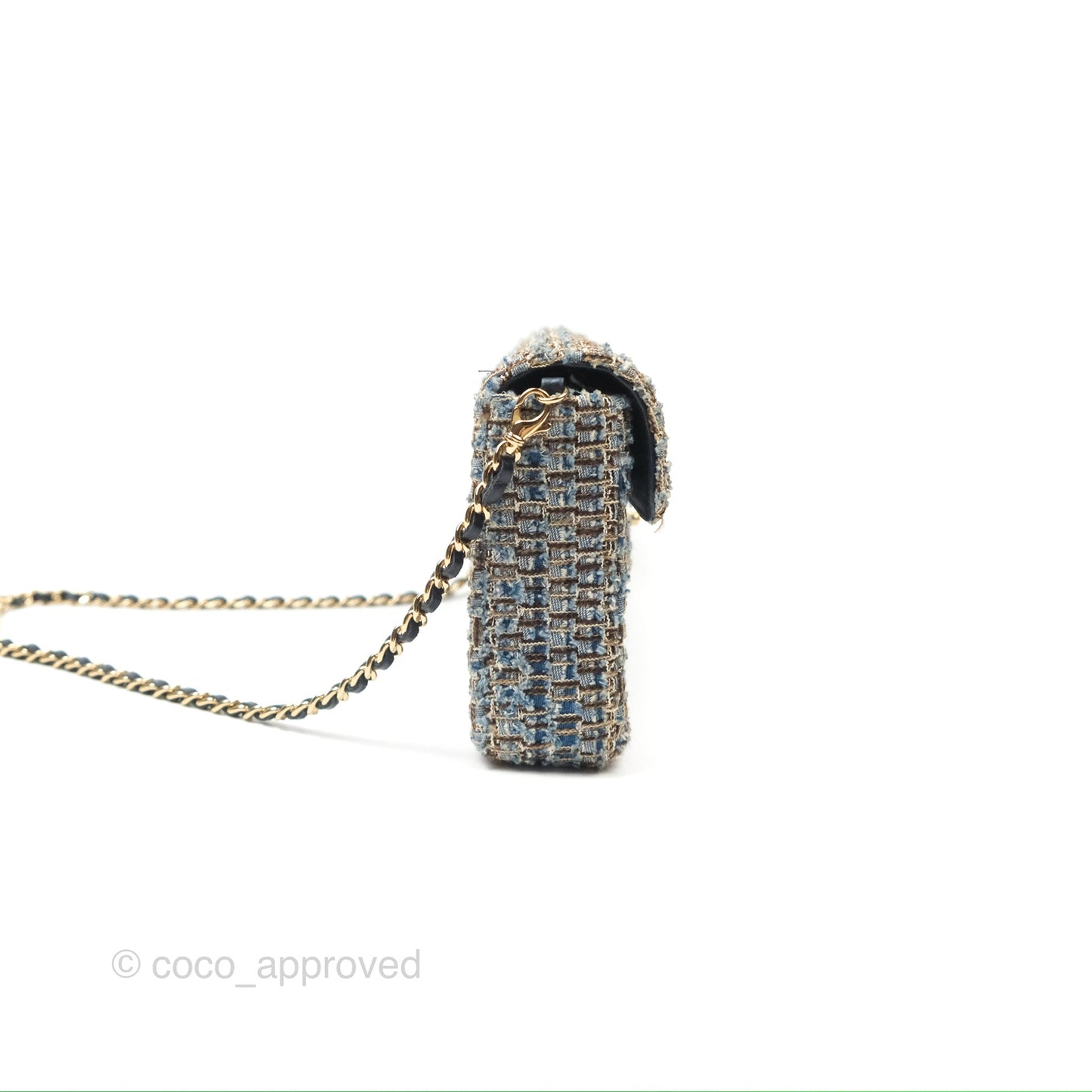 Chanel East West Chocolate Bar Flap Bag Grey Blue Tweed 24K Gold Hardware