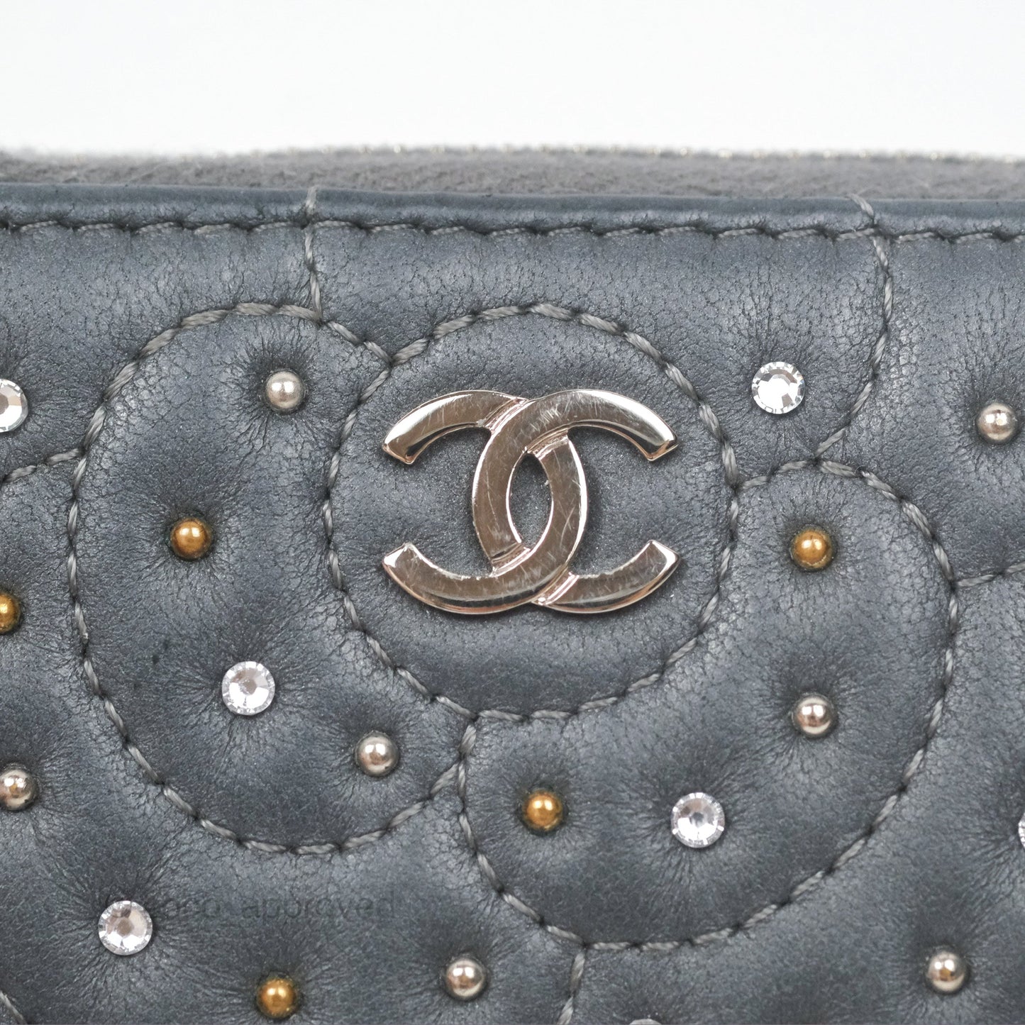 Chanel Camellia Crystal Studded Zipped Coin Purse Grey Silver Hardware