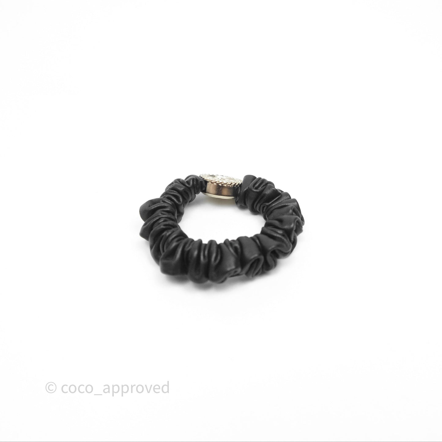 Chanel CC Black Leather Scrunchie Hair Accessory Gold Tone 22P