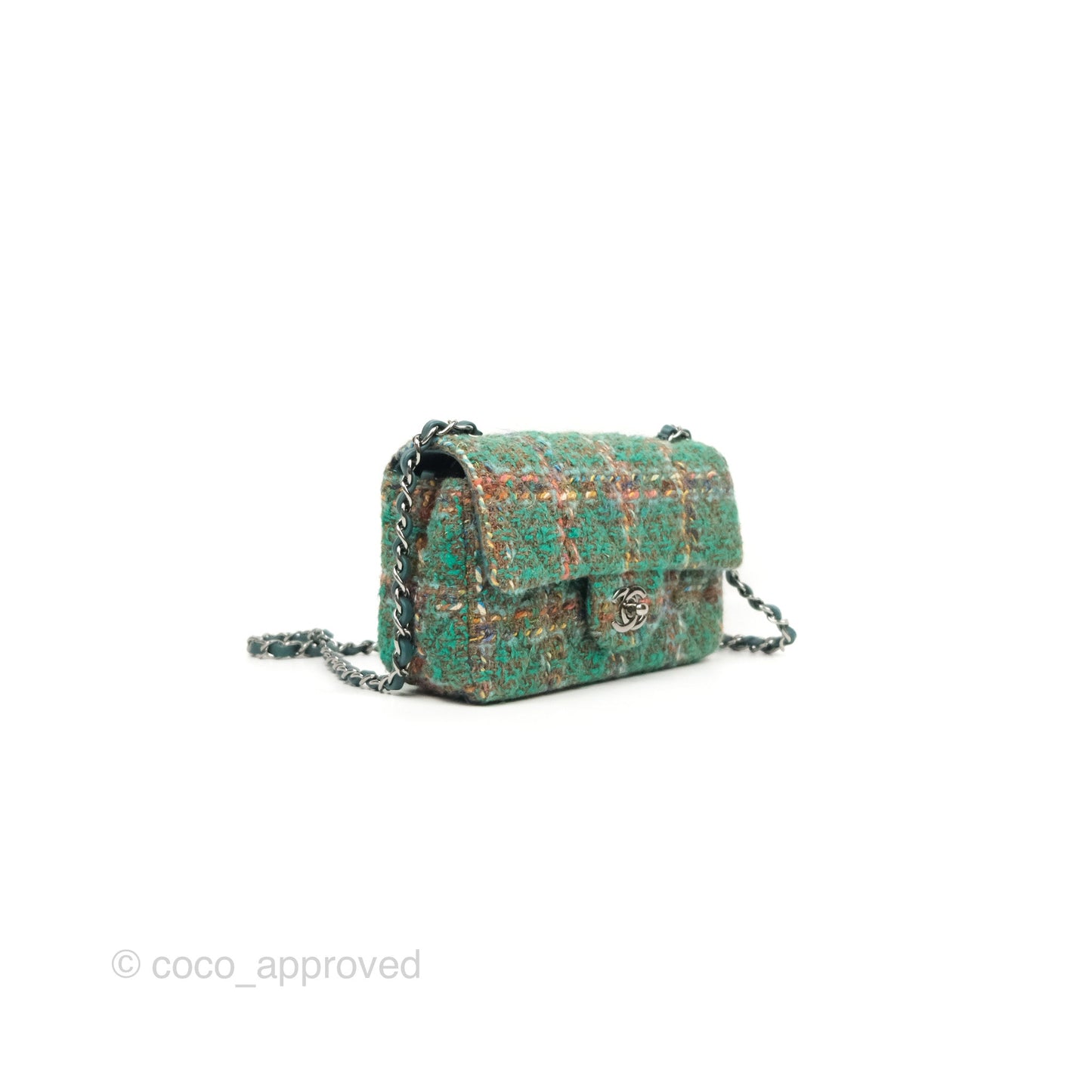 Chanel Mini Rectangular Flap Quilted Green Tweed Gun Metal 23A