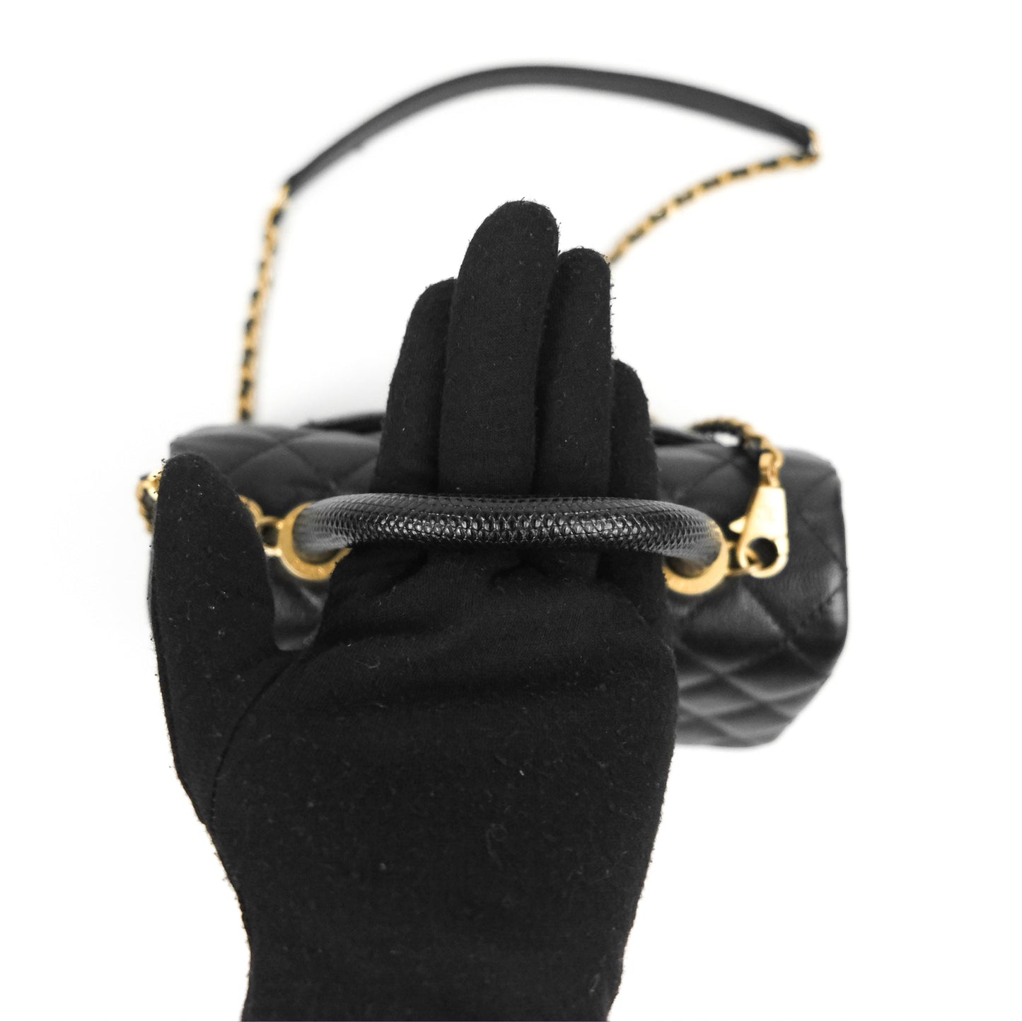 Chanel Small Coco Handle Quilted Black Caviar Aged Gold Hardware Lizard Handle