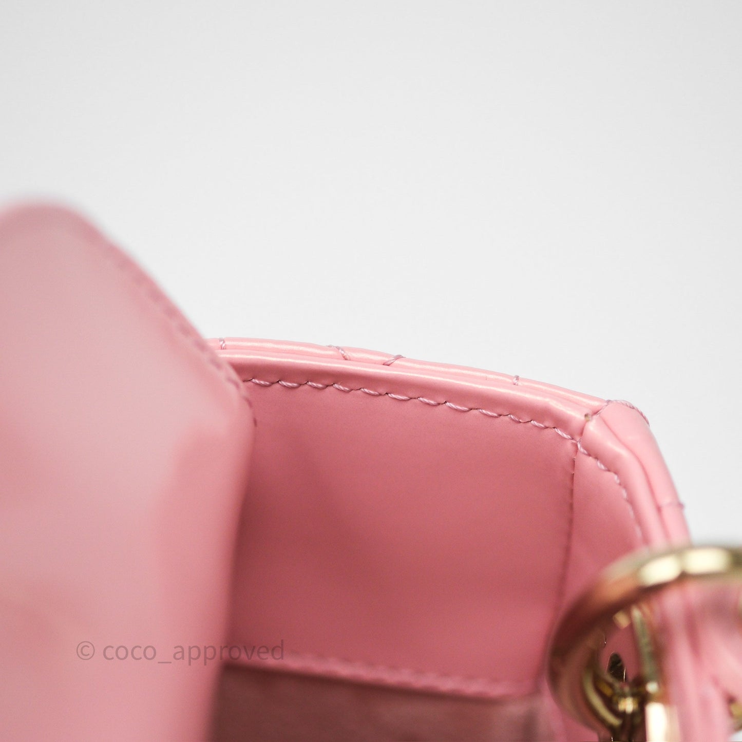 Dior Mini Lady Dior Pink Pearlescent Patent Cannage Gold Hardware
