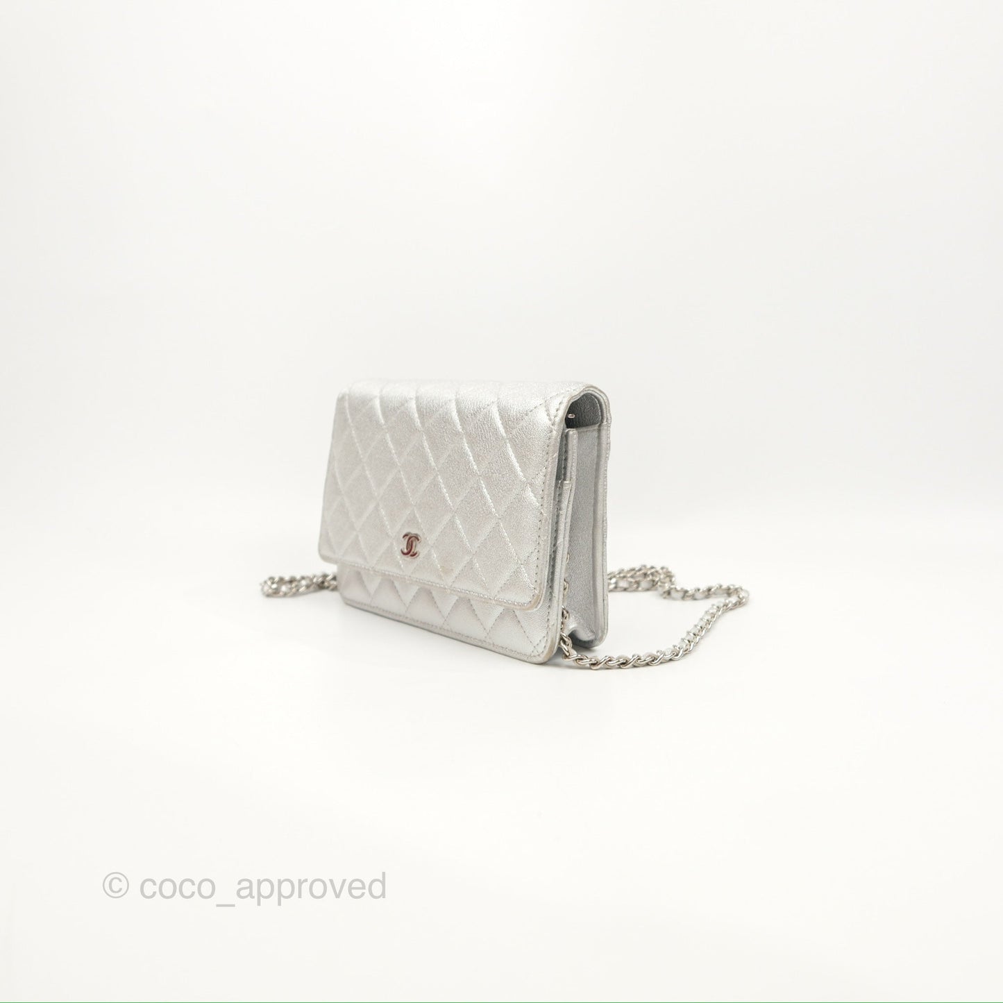 Chanel Quilted Wallet on Chain WOC Iridescent Silver Grained Lambskin Silver Hardware