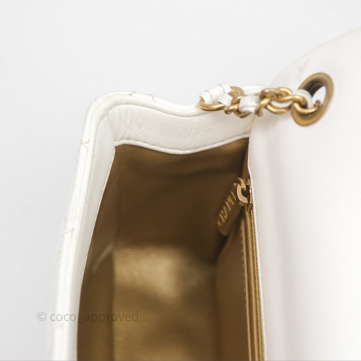 Chanel Mini Rectangular Pearl Crush Quilted White Lambskin Aged Gold Hardware