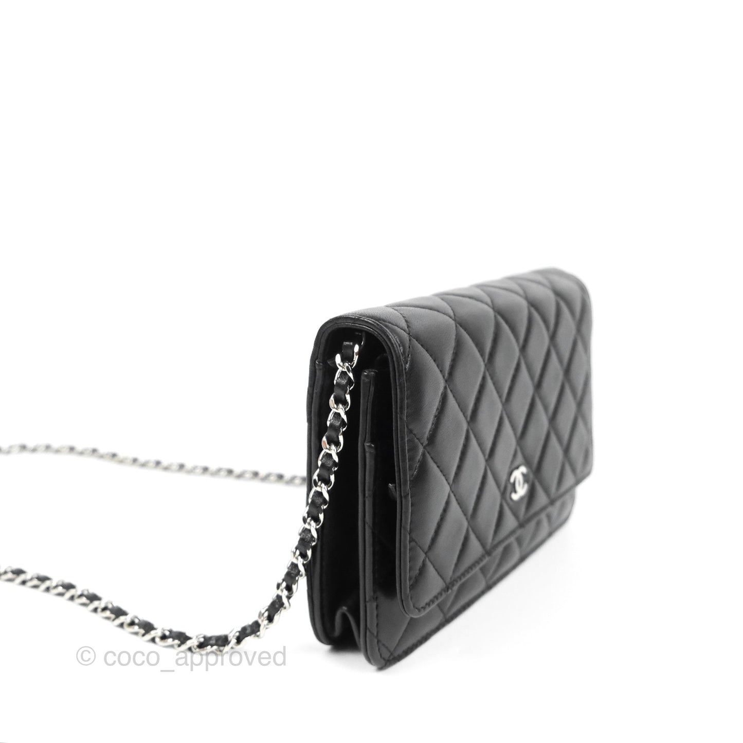 Chanel Quilted Classic Wallet On Chain WOC Black Lambskin Silver Hardware