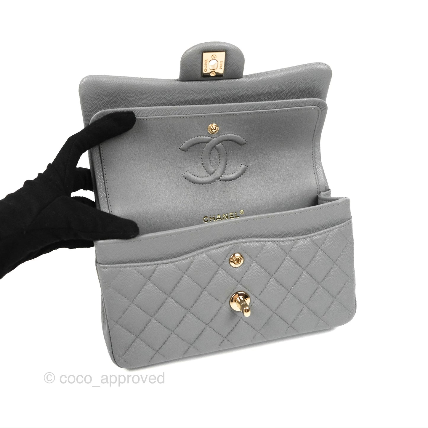 Chanel Small Classic Quilted Flap Grey Caviar Gold Hardware 20C