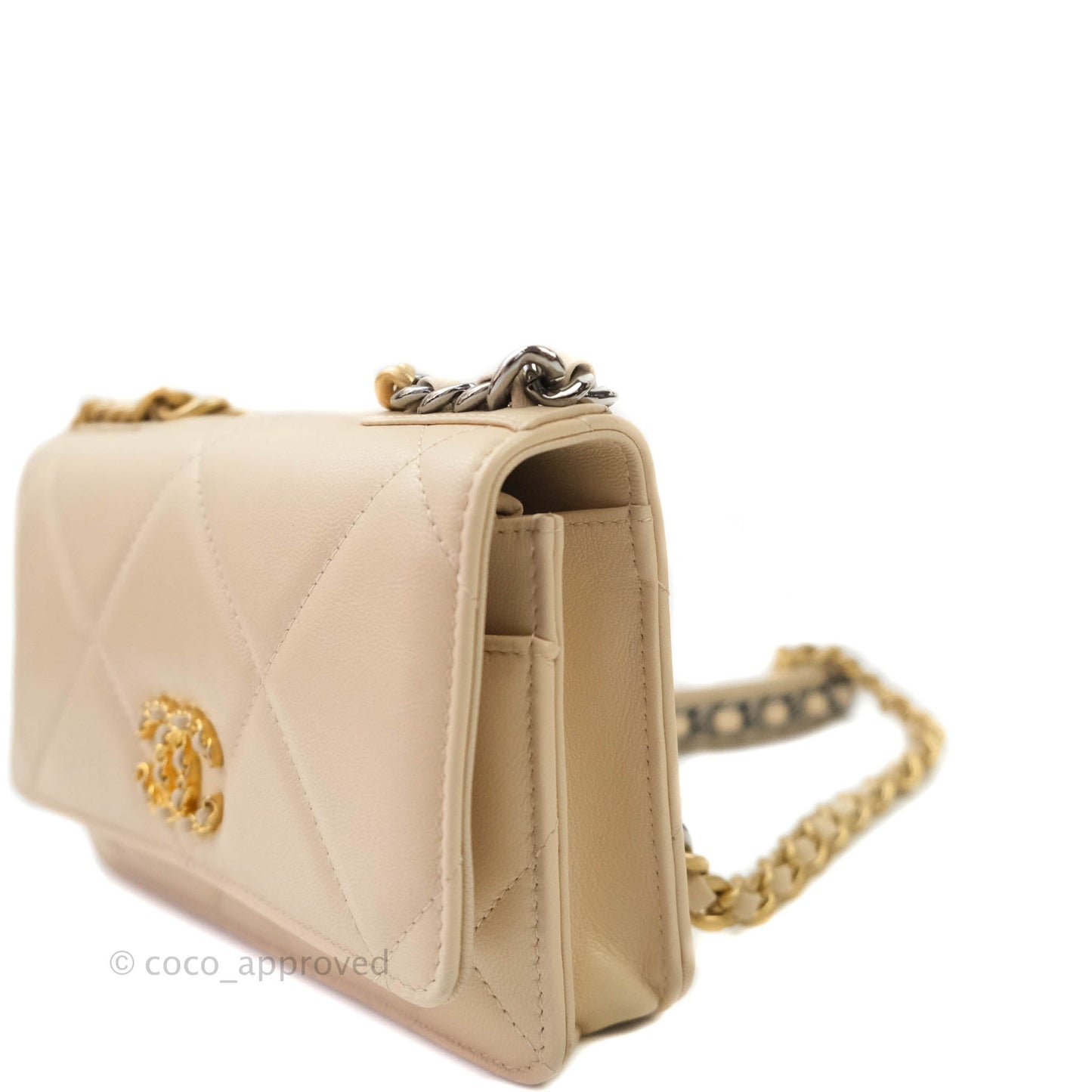 Chanel 19 Quilted Wallet on Chain WOC Beige Goatskin Mixed Hardware
