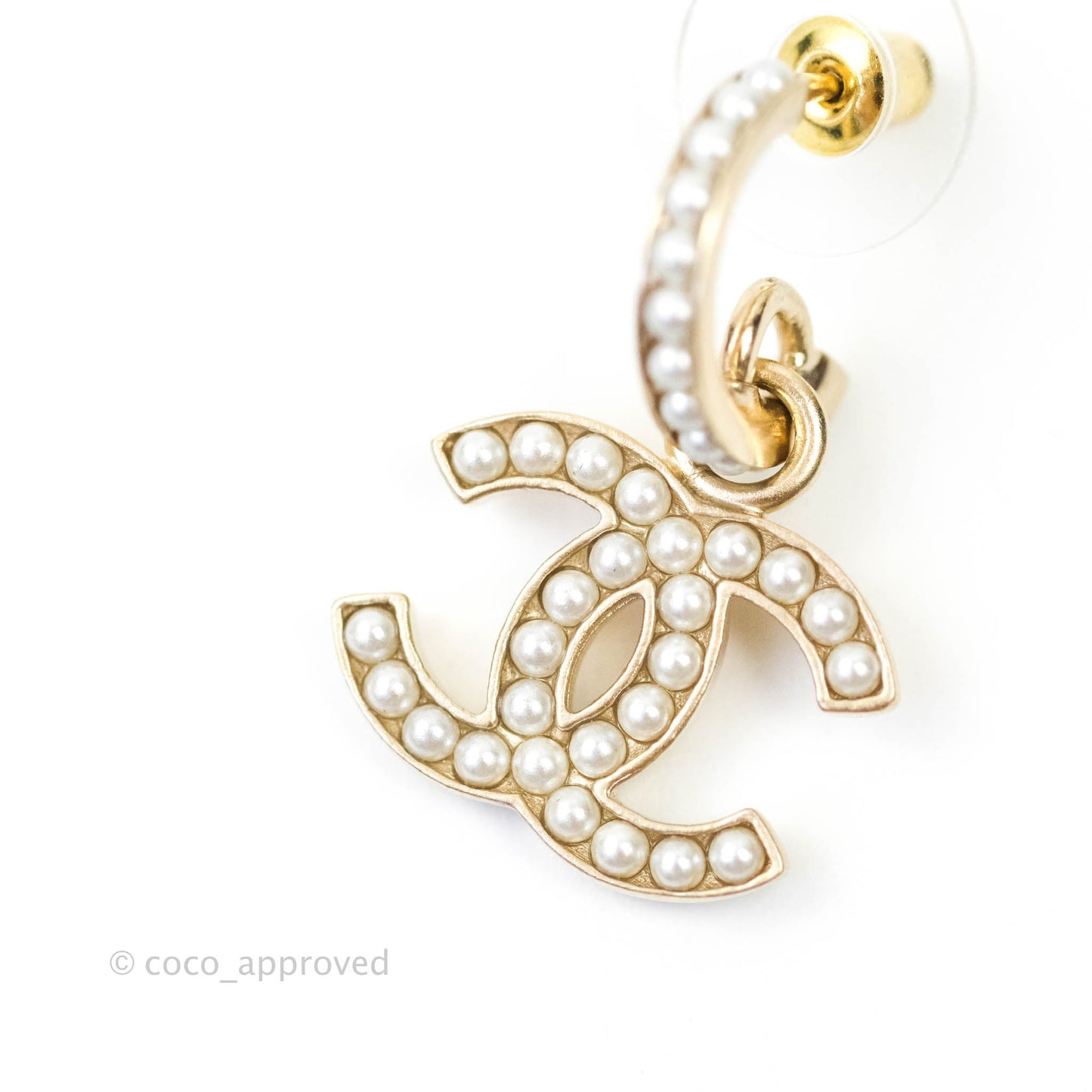 Chanel CC Pearl Hoop Earrings Gold Tone 21P