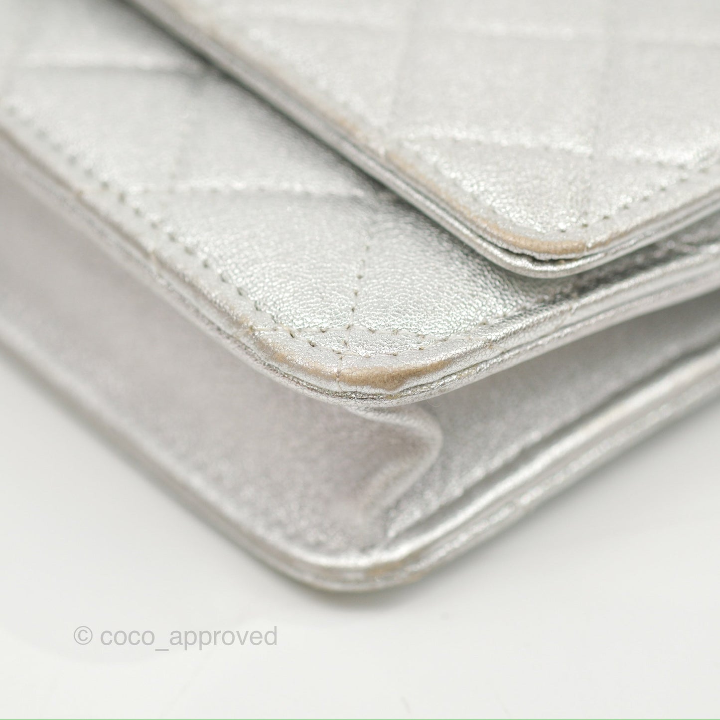 Chanel Quilted Wallet on Chain WOC Iridescent Silver Grained Lambskin Silver Hardware