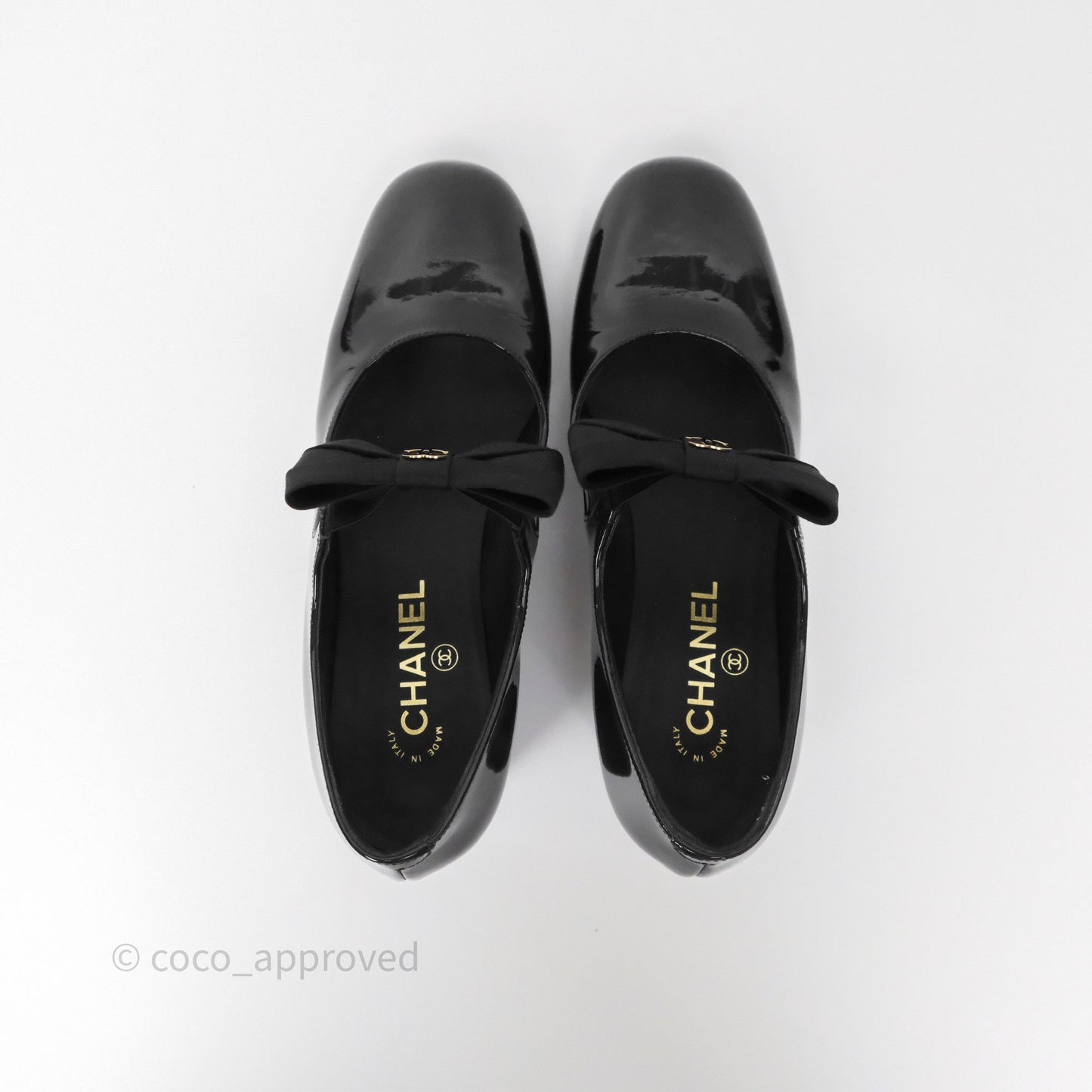 Chanel CC Ribbon Mary Jane Block Heels Black Patent 24C Size 39.5