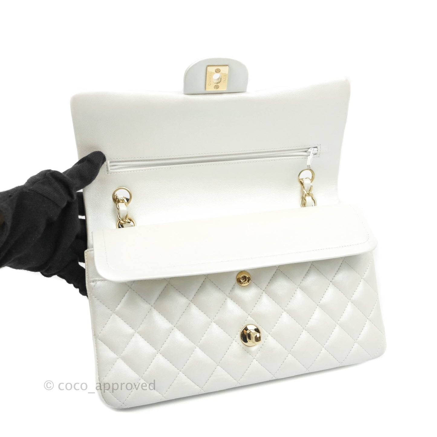 Chanel Classic M/L Medium Double Flap Iridescent White Lambskin Gold Hardware
