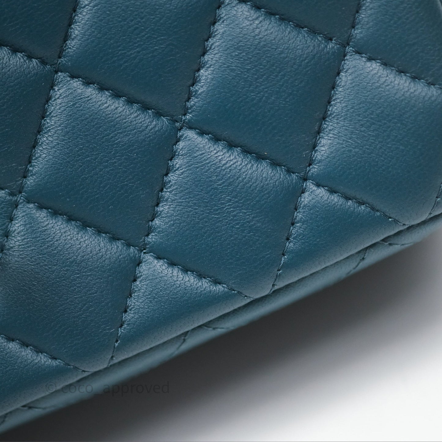 Chanel Quilted Mini Rectangular Flap Teal Green Lambskin Silver Hardware