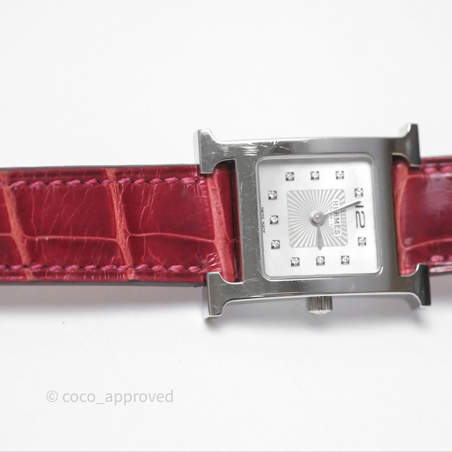 Hermès Heure H Watch Diamond Red Alligator Palladium Hardware