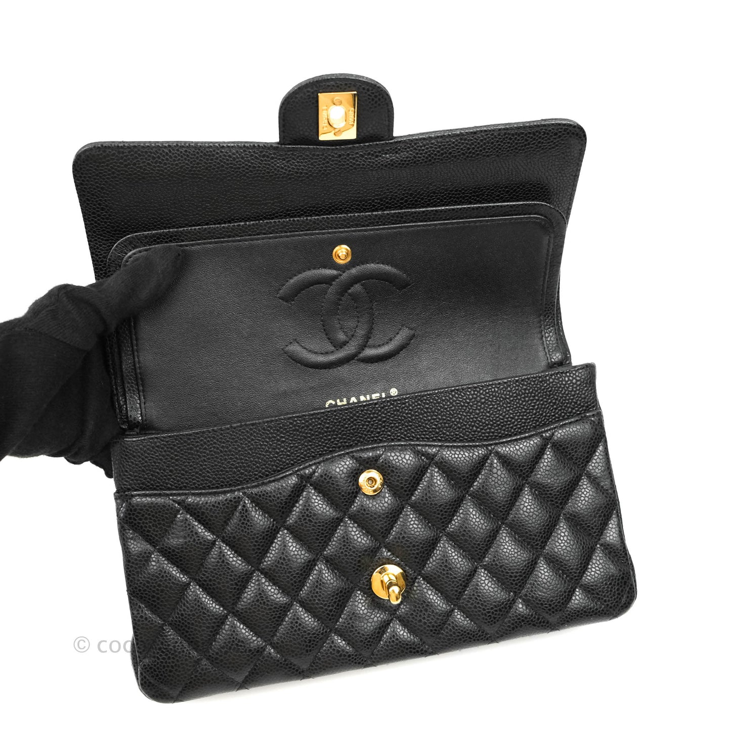 Chanel Quilted M/L Medium Double Flap Black Caviar Gold Hardware