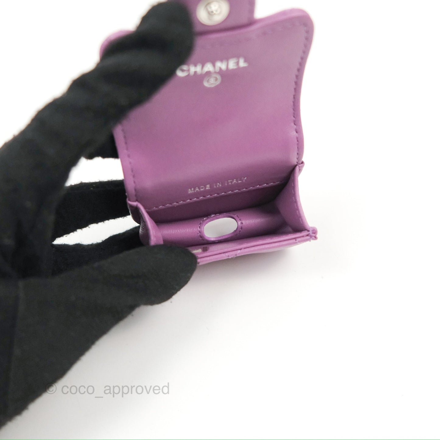 Chanel Quilted Airpods Pro Case with Removable Chain Purple Lambskin Silver Hardware