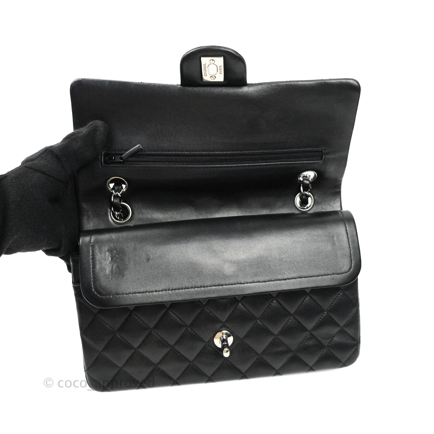 Chanel Classic M/L Medium Double Flap Black Lambskin Silver Hardware
