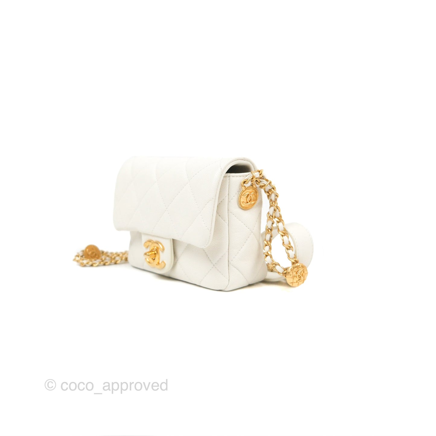 Chanel Mini Flap with Coin Charm White Caviar Aged Gold Hardware 22A