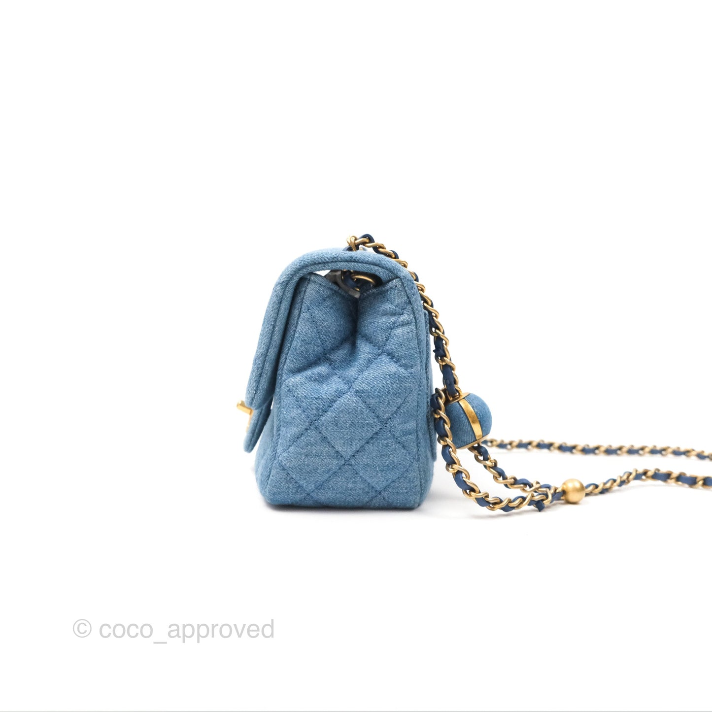 Chanel Mini Square Pearl Crush Quilted Denim Aged Gold Hardware