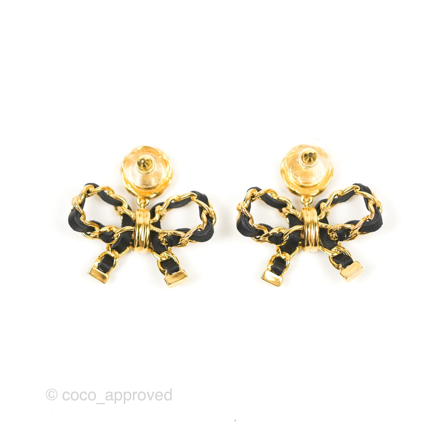 Chanel CC Chain Bow Earrings Black Lambskin Gold Tone 22A