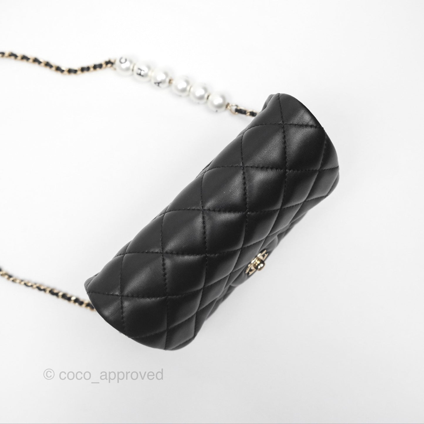 Chanel Logo Pearl Chain Flap Bag Black Lambskin Gold Hardware
