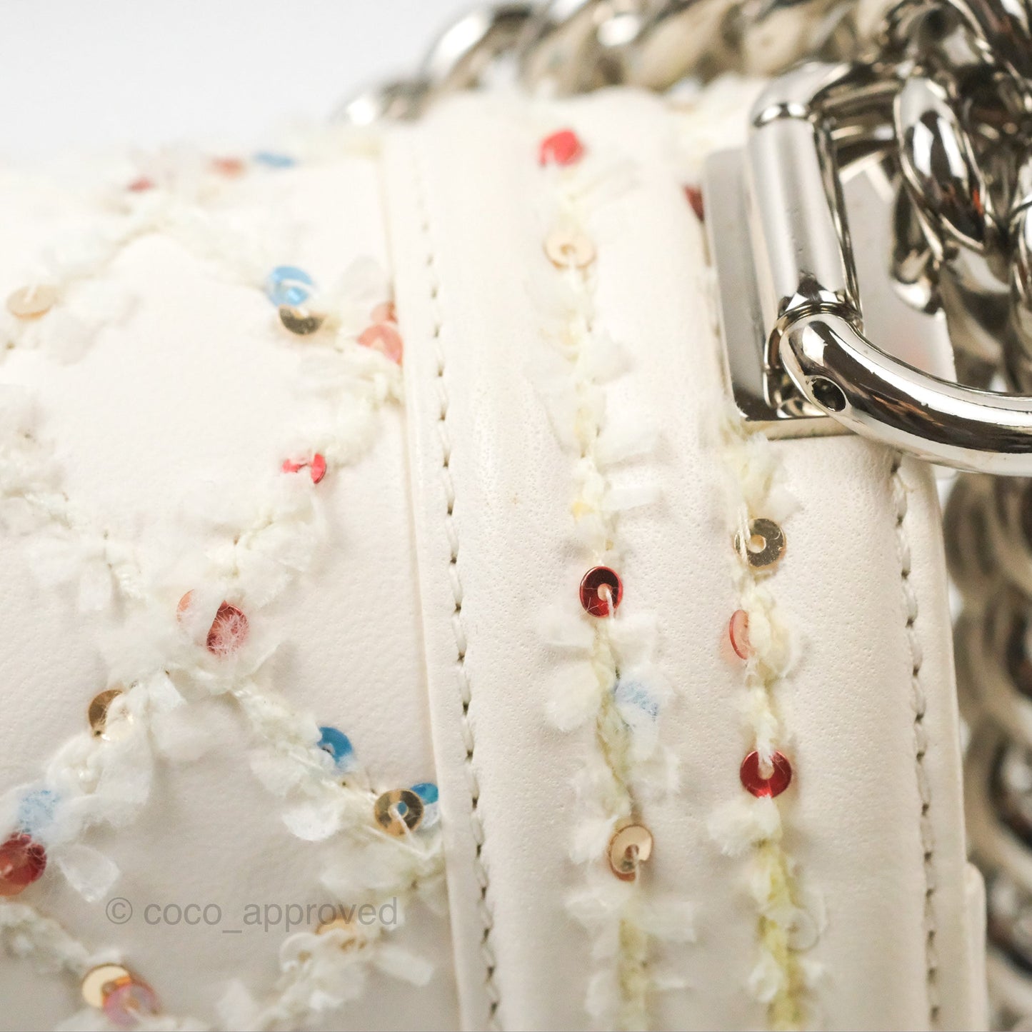 Chanel Medium Boy Sequins Quilted White Lambskin Silver Hardware