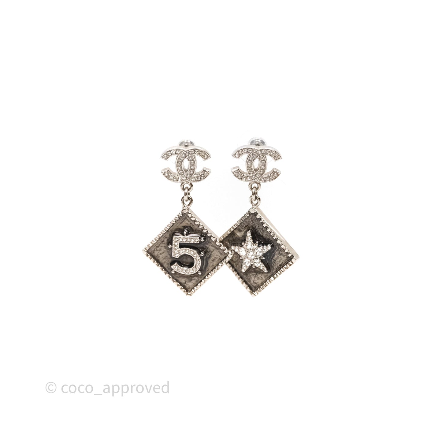 Chanel CC No 5 Star Crystal Earrings Silver Tone 22C