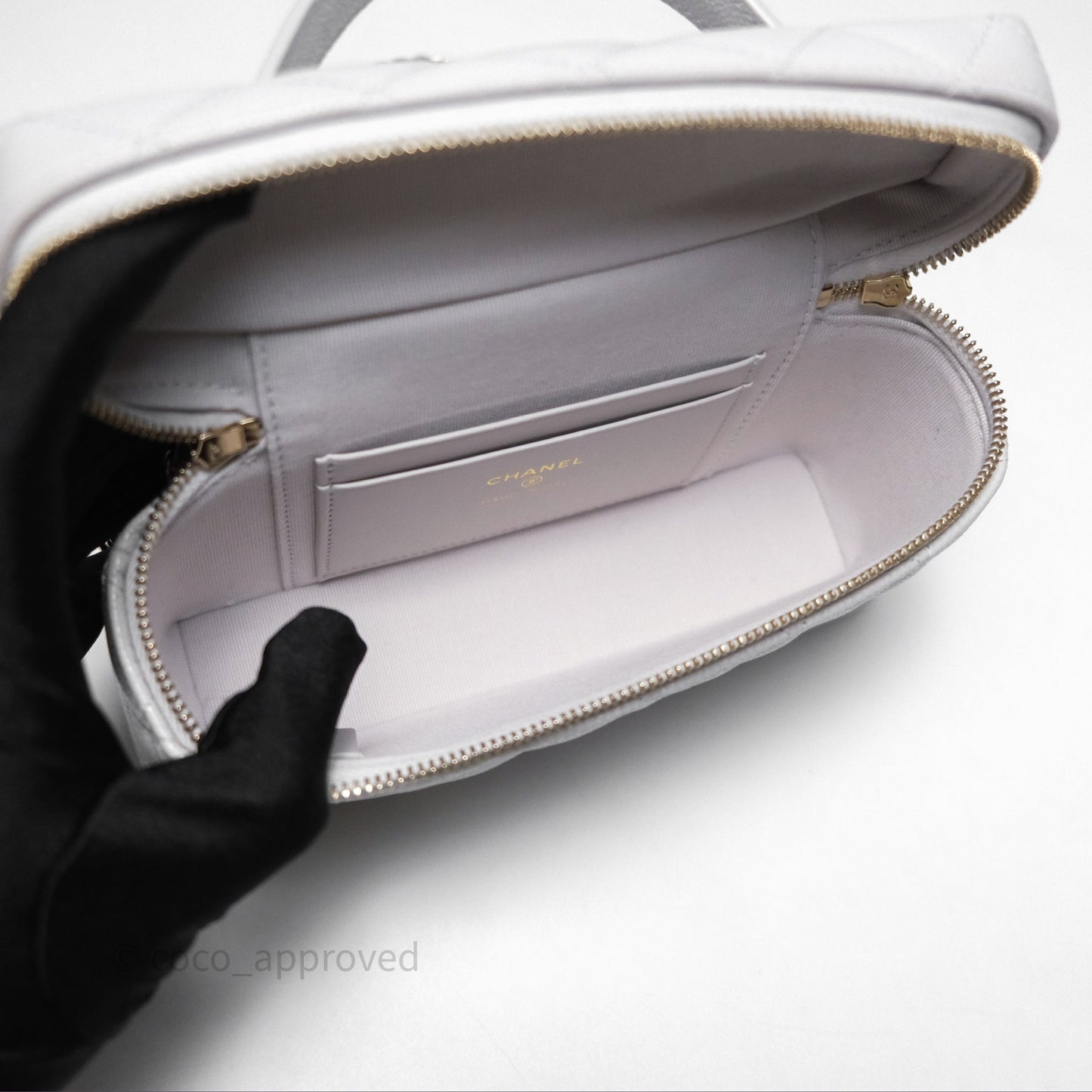 Chanel Top Handle Long Vanity with Chain Light Grey Caviar Gold Hardware