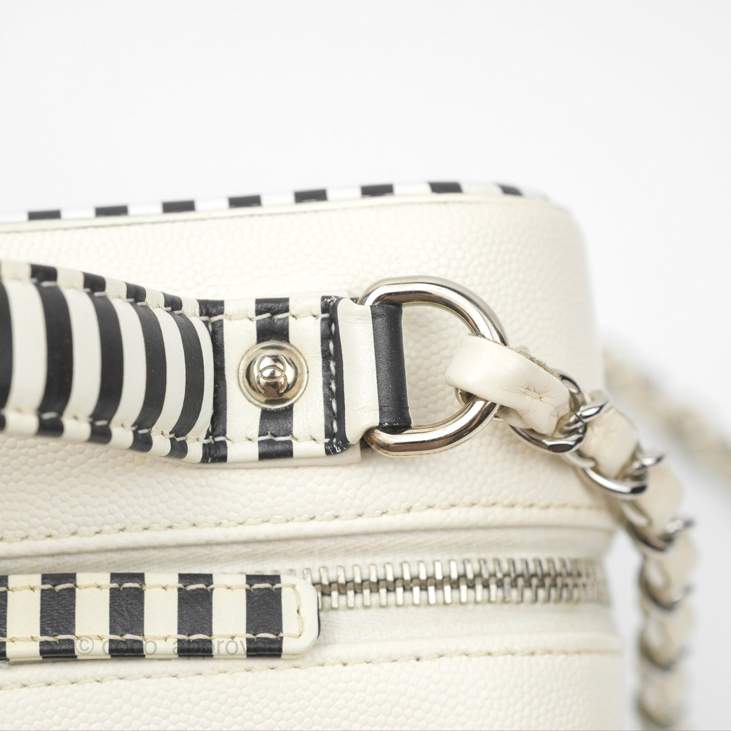 Chanel Quilted Medium CC Filigree Vanity Case White Black Stripe Caviar Silver Hardware