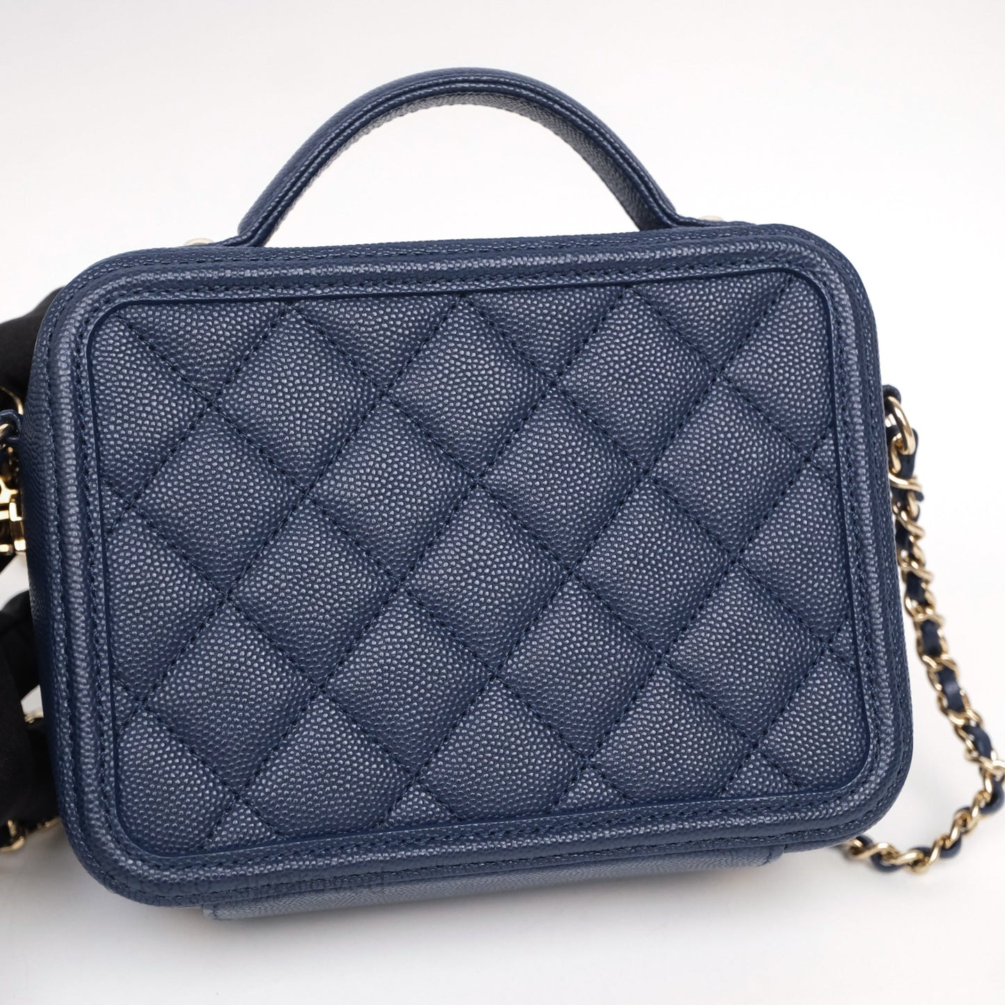 Chanel Quilted Small CC Filigree Vanity Case Navy Caviar Gold Hardware