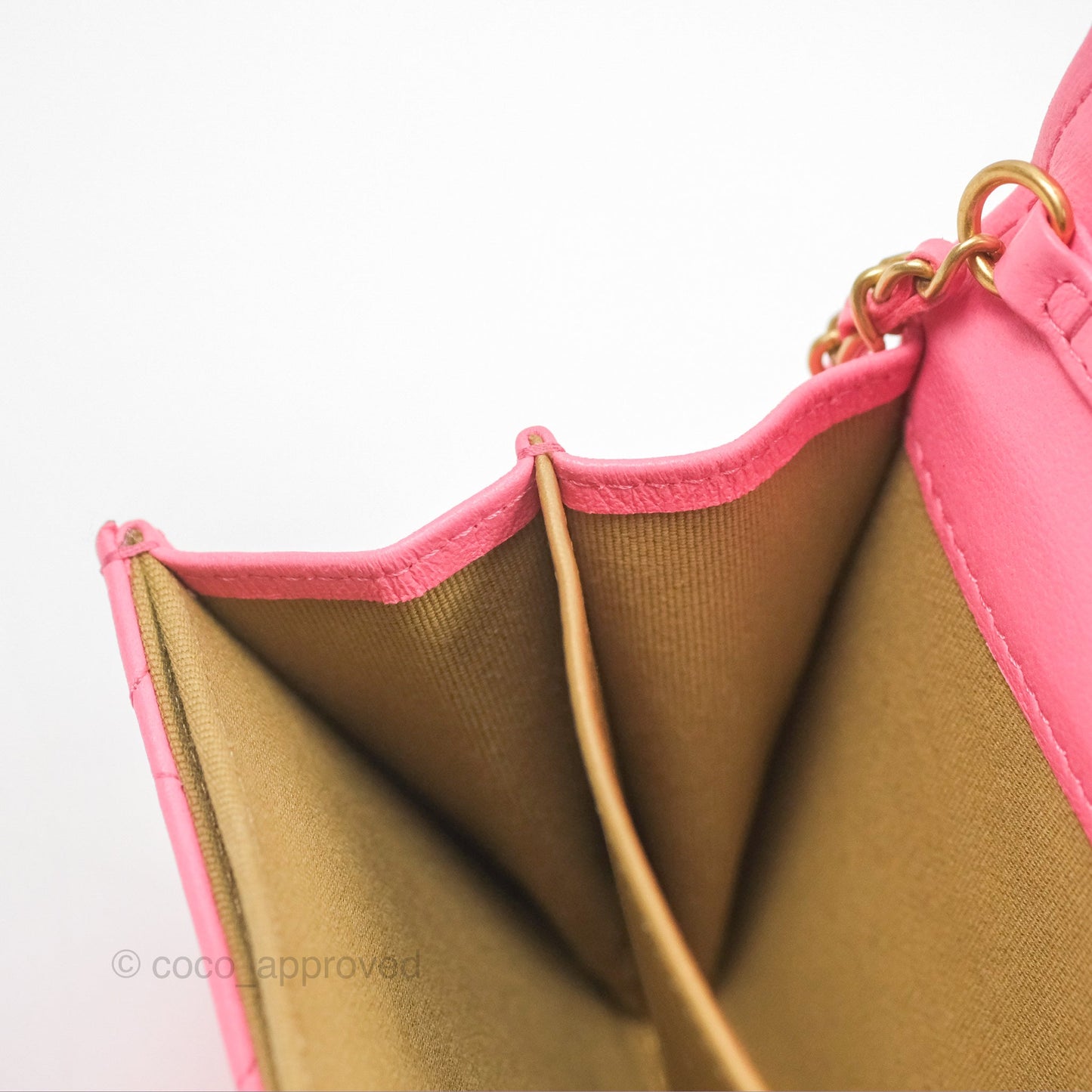 Chanel Pearl Crush Mini Clutch With Chain Pink Lambskin Aged Gold Hardware