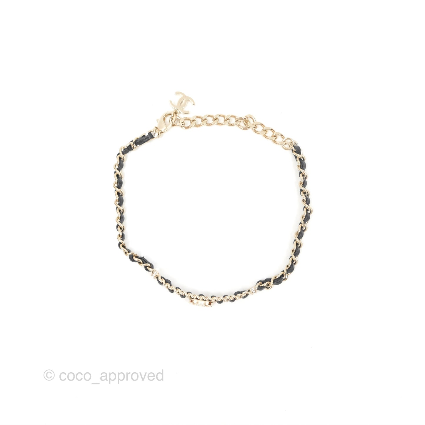Chanel Crystal CC Black Leather Chain Choker Gold Tone 21B