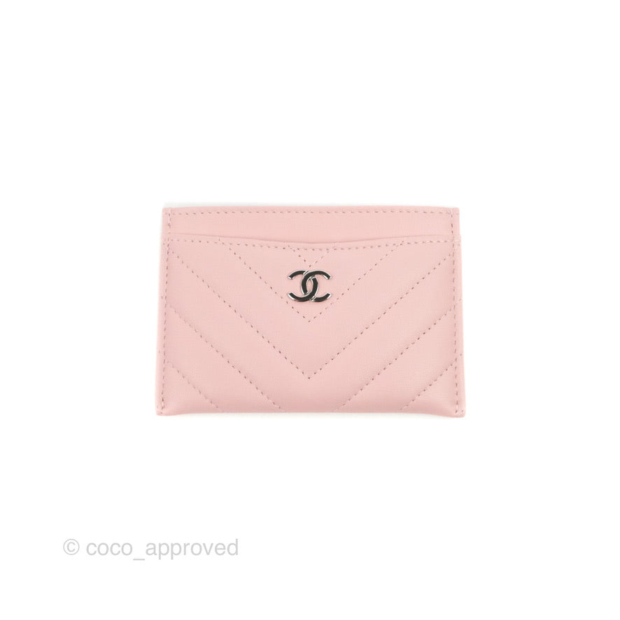 Chanel Chevron Classic Flat Card Holder Pink Lambskin Silver Hardware