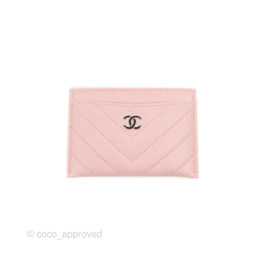 Chanel Chevron Classic Flat Card Holder Pink Lambskin Silver Hardware